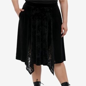 Gothic Cosmic Aura Black Velvet Lace Godet Midi Skirt